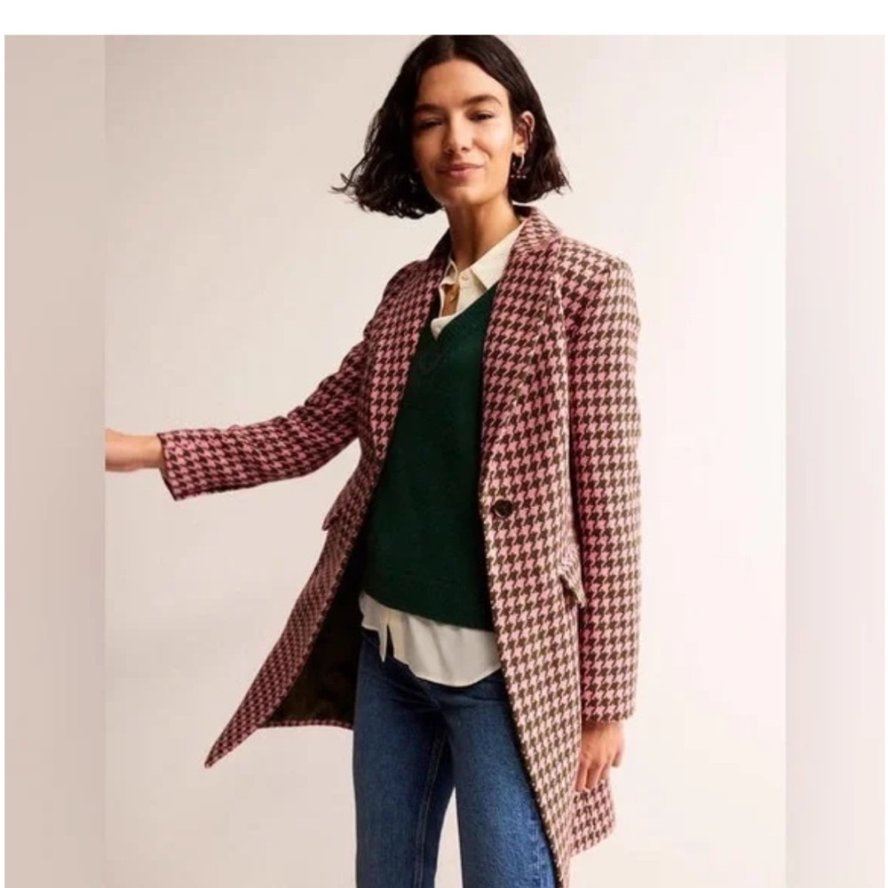 Boden Canterbury Printed Coat in Pink and Khaki Dogstooth